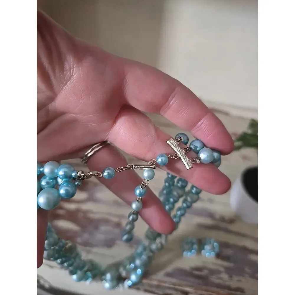 VtgJapan Blue Faux Pearl‎ Necklace Earring Set 3 Strand Mid Century MCM 1950s